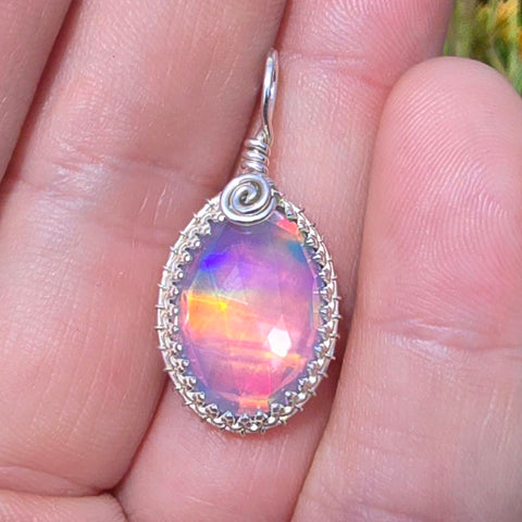 Double Sided Rainbow Aurora Opal Oval Pendant In Antiqued Sterling Silver