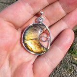 Carved Sunset Orange Labradorite Crescent Moon Pendant in Sterling Silver