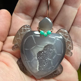 Carved Agate Crystal Geode Sea Turtle with Emerald Accent Pendant in Rose Gold Filled