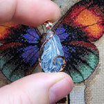 Carved Blue Aquamarine Feather Wire Wrapped Pendant in 14kt Rose Gold Fill