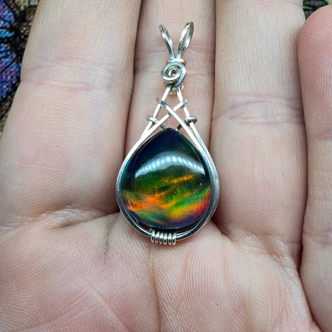 Aurora Opal Dark Drop Elven Pendant in Sterling Silver