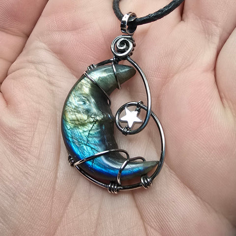 Carved Face Rainbow Labradorite Crescent Moon with Hematite Star Pendant in Sterling Silver