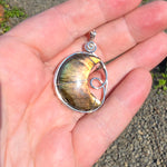 Carved Sunset Orange Labradorite Crescent Moon Pendant in Sterling Silver