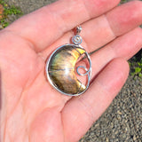 Carved Sunset Orange Labradorite Crescent Moon Pendant in Sterling Silver