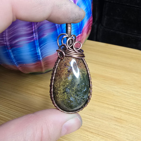 Red Yellow Green Maury Mountain Moss Agate in Copper Pendant