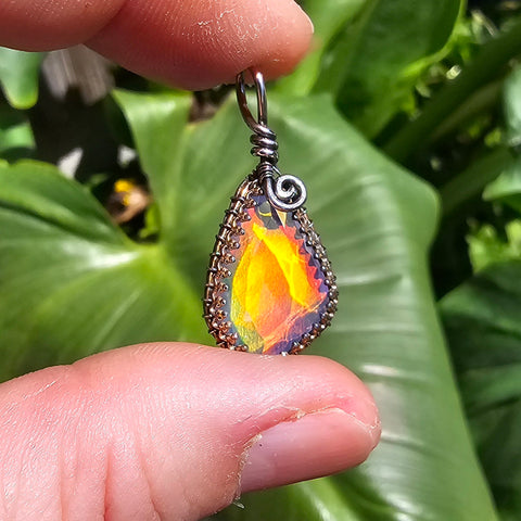 Double Sided Faceted Fiery Aurora Opal Pendant In Antiqued Sterling Silver