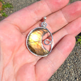 Carved Sunset Orange Labradorite Crescent Moon Pendant in Sterling Silver