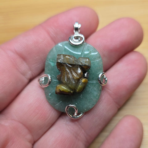 Carved Tiger Eye Frog on Aventurine Lilypad Pendant Sterling Silver