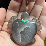 Carved Agate Crystal Geode Sea Turtle with Emerald Accent Pendant in Rose Gold Filled