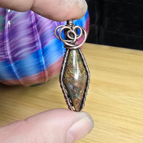 Diamond Shaped Maury Mountain Moss Agate in Copper Pendant