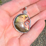 Carved Sunset Orange Labradorite Crescent Moon Pendant in Sterling Silver