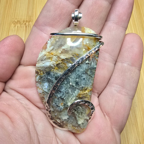 Oregon Graveyard Point Plume Agate Fang Pendant in Sterling Silver