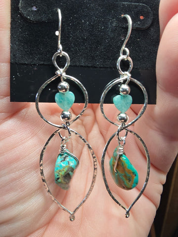 Kingman Turquoise Nugget and Amazonite Heart Earrings in Sterling Silver