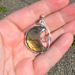 Carved Sunset Orange Labradorite Crescent Moon Pendant in Sterling Silver