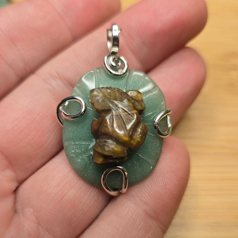 Carved Tiger Eye Frog on Aventurine Lilypad Pendant in Sterling Silver