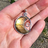 Carved Sunset Orange Labradorite Crescent Moon Pendant in Sterling Silver