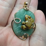 Carved Tiger Eye Frog on Aventurine Lilypad Pendant in 14kt Yellow Gold Fill