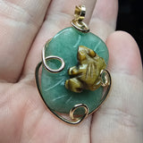 Carved Tiger Eye Frog on Aventurine Lilypad Pendant in 14kt Yellow Gold Fill