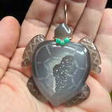 Carved Agate Crystal Geode Sea Turtle with Emerald Accent Pendant in Rose Gold Filled