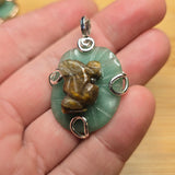 Carved Tiger Eye Frog on Aventurine Lilypad Pendant in Sterling Silver