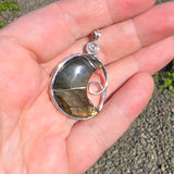 Carved Sunset Orange Labradorite Crescent Moon Pendant in Sterling Silver