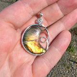 Carved Sunset Orange Labradorite Crescent Moon Pendant in Sterling Silver