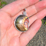 Carved Sunset Orange Labradorite Crescent Moon Pendant in Sterling Silver