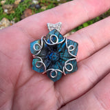 Carved Blue Green Labradorite Flower Sterling Silver Pendant