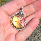 Carved Sunset Orange Labradorite Crescent Moon Pendant in Sterling Silver