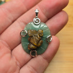 Carved Tiger Eye Frog on Aventurine Lilypad Pendant in Sterling Silver