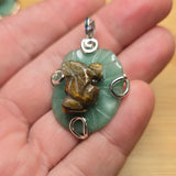 Carved Tiger Eye Frog on Aventurine Lilypad Pendant in Sterling Silver