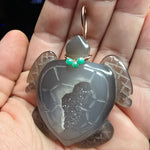 Carved Agate Crystal Geode Sea Turtle with Emerald Accent Pendant in Rose Gold Filled