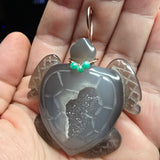 Carved Agate Crystal Geode Sea Turtle with Emerald Accent Pendant in Rose Gold Filled