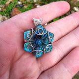 Carved Blue Green Labradorite Flower Sterling Silver Pendant