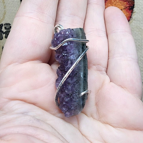 Purple Amethyst Druzy Crystal Strip Pendant in Sterling Silver